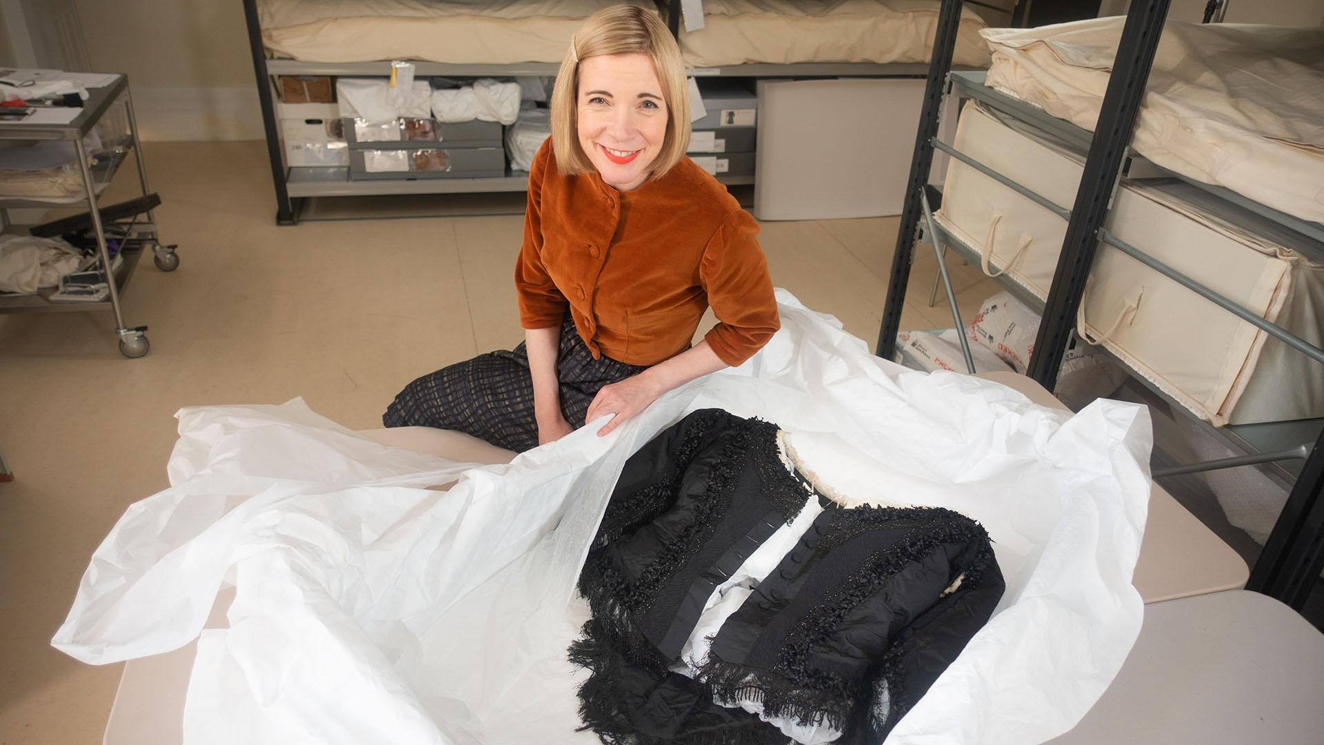 Lucy Worsley with a part of Queen Victoria’s mourning dress.