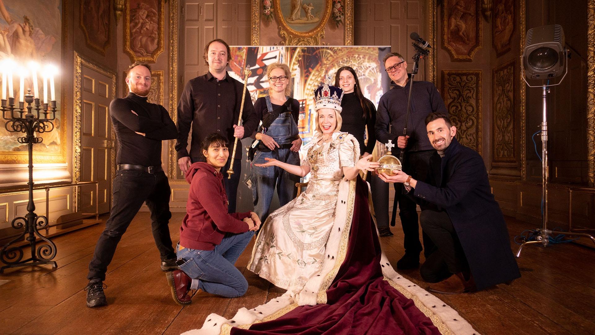 Lucy Worsley and crew after filming a recreation of Cecil Beaton’s coronation portrait.