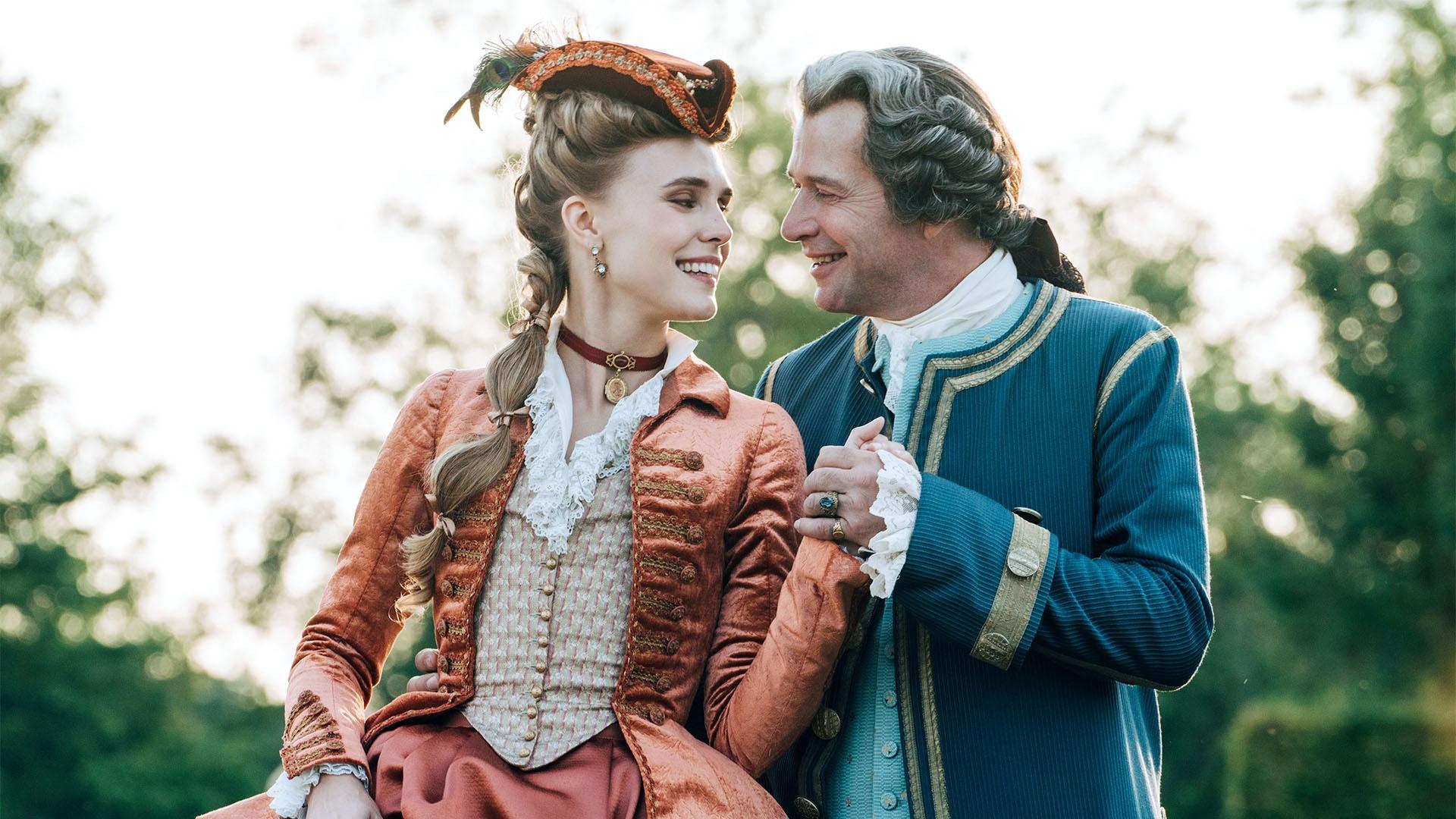 Image of Madame Du Barry played by Gaia Weiss and the king played by James Purefoy