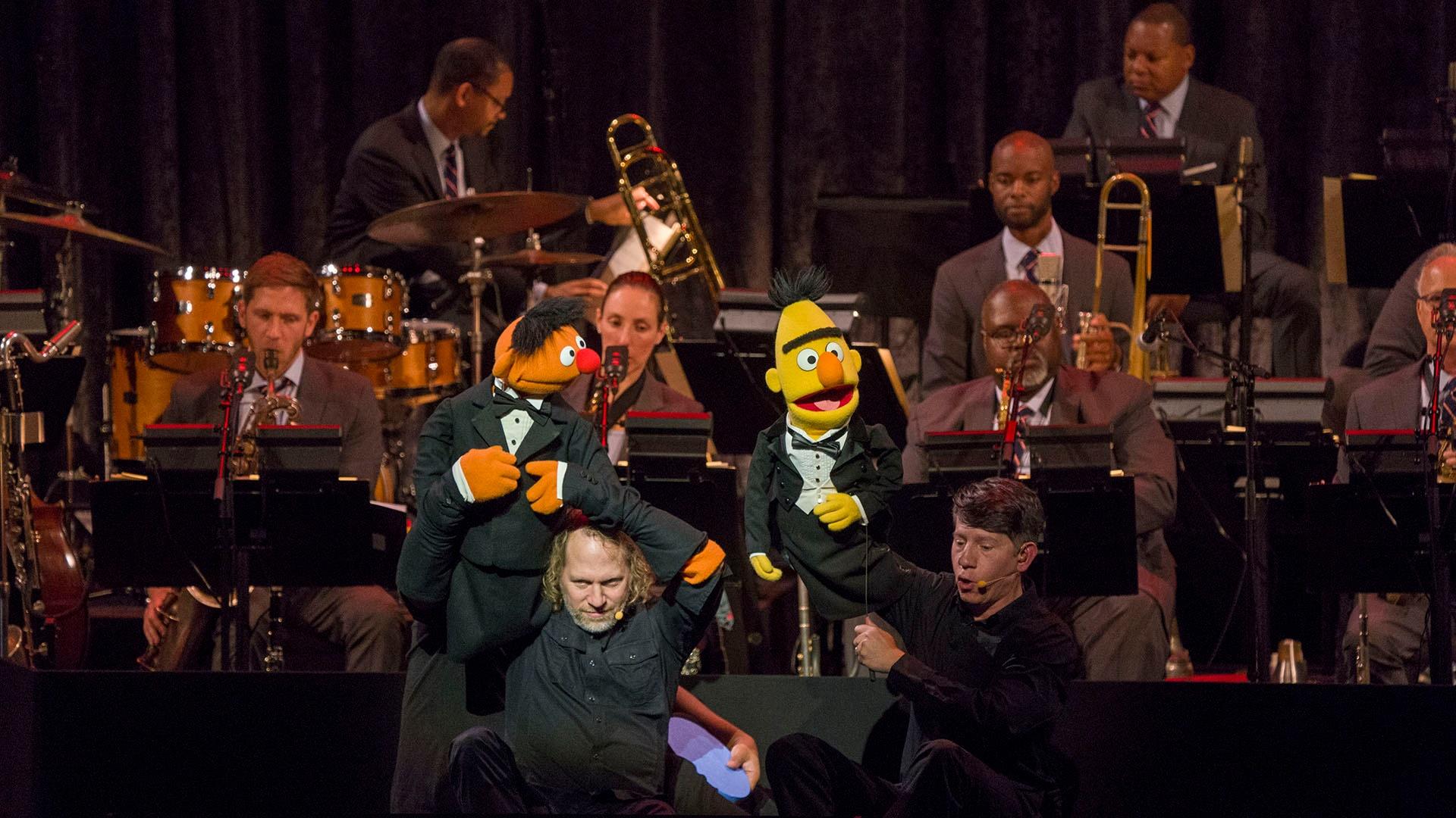 Image of Bert and Ernie in formalwear hosting "A Swingin' Sesame Street Celebration."