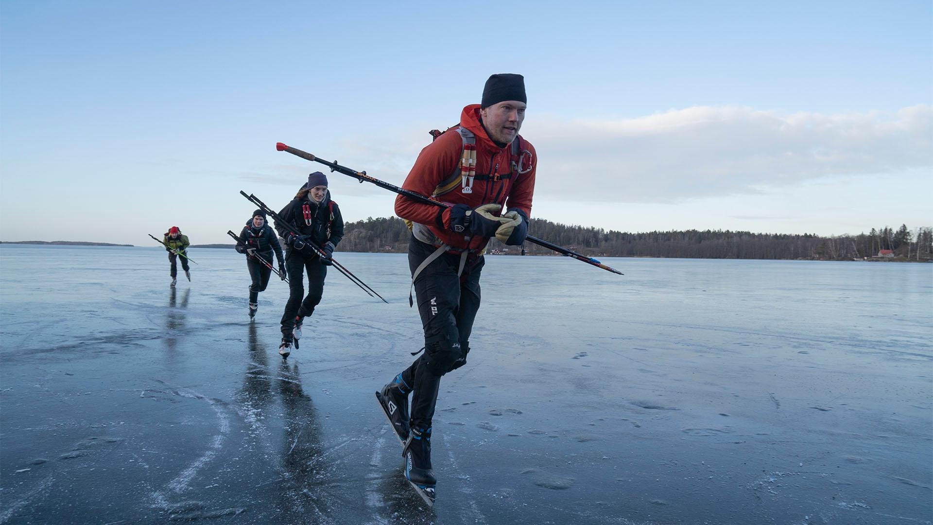 Image of four skaters searching for black ice.