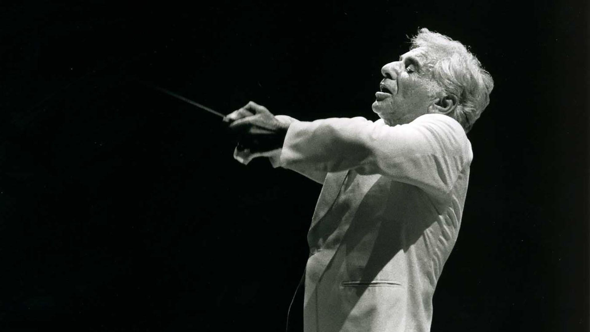 Black and white image of Conductor Leonard Bernstein during the 1982 Hollywood Bowl season.