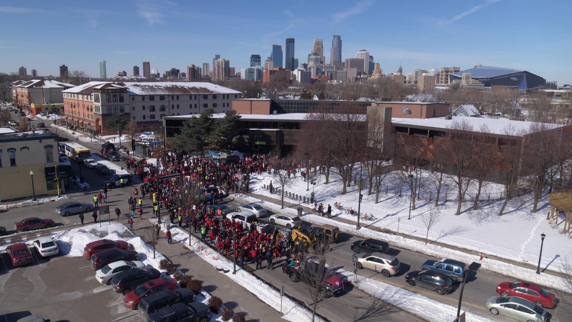 Aerial shot of 5th annual Missing and Murdered Indigenous Women March, Minneapolis, MN.