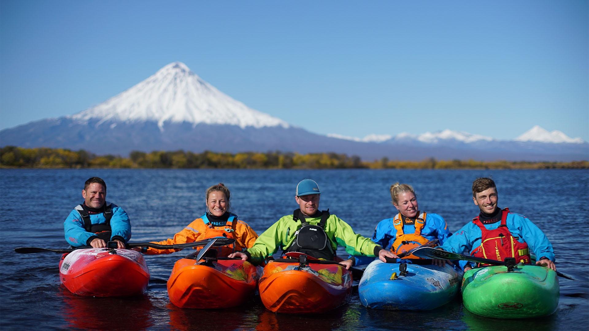 The kayak take on the first descent of the Kronotsky River in the shadow of the Kronotsky volcano.