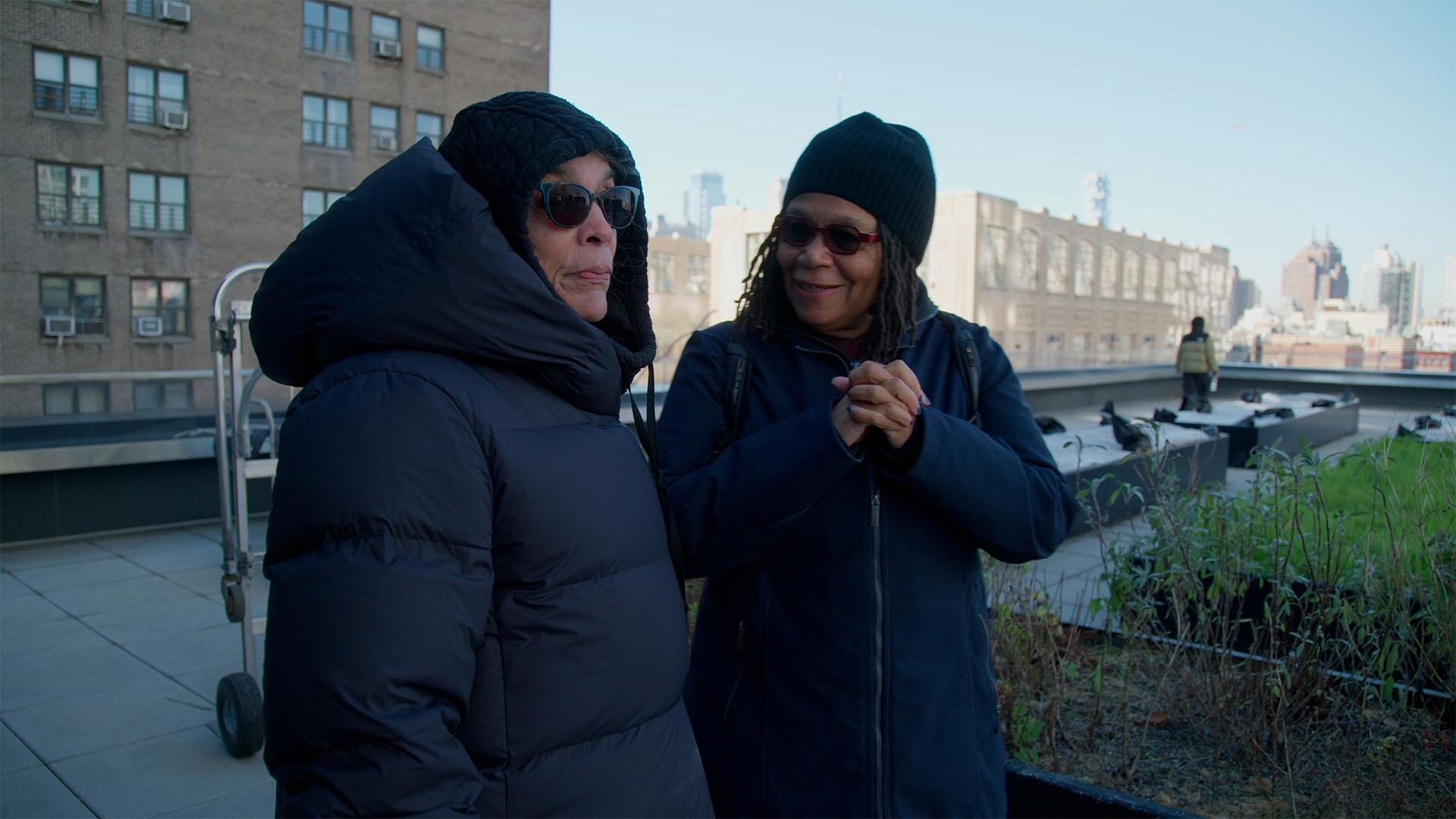 Linda Goode Bryant and Maren Hassinger at Essex Crossing Farm, a rooftop farm in New York City, NY.