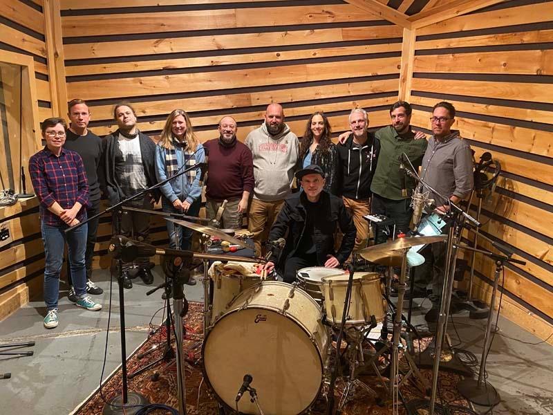 Composer David Cieri, along with other musicians, at a music recording session in New York. 