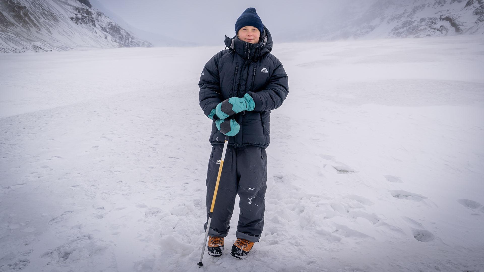 Greta Thunberg on the Athabasca Glacier.