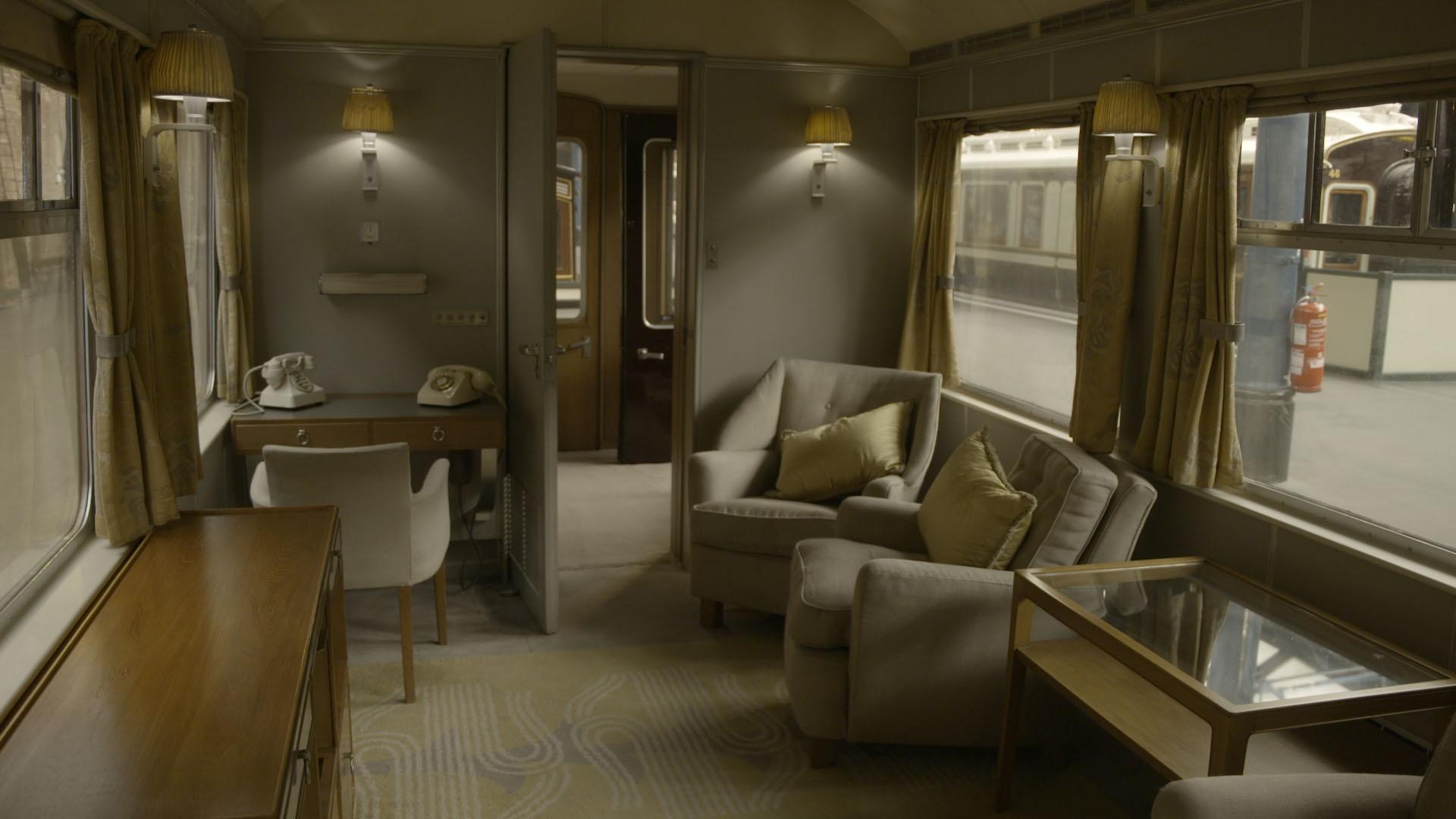 An interior view of the World War II royal train carriage.