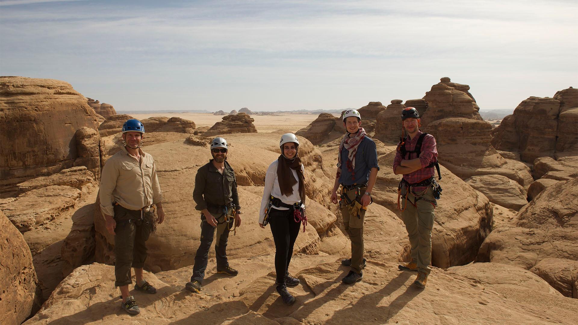 Steve Backshall and his team explore the archaeological site of Hegra.