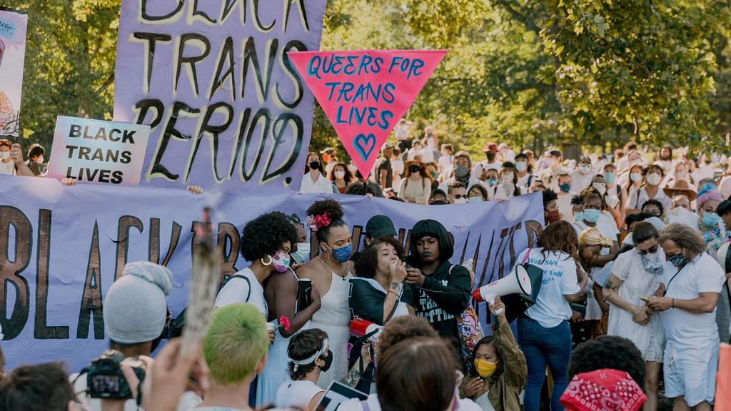 Protesters attend a rally in Brooklyn in support of Black Trans Lives.
