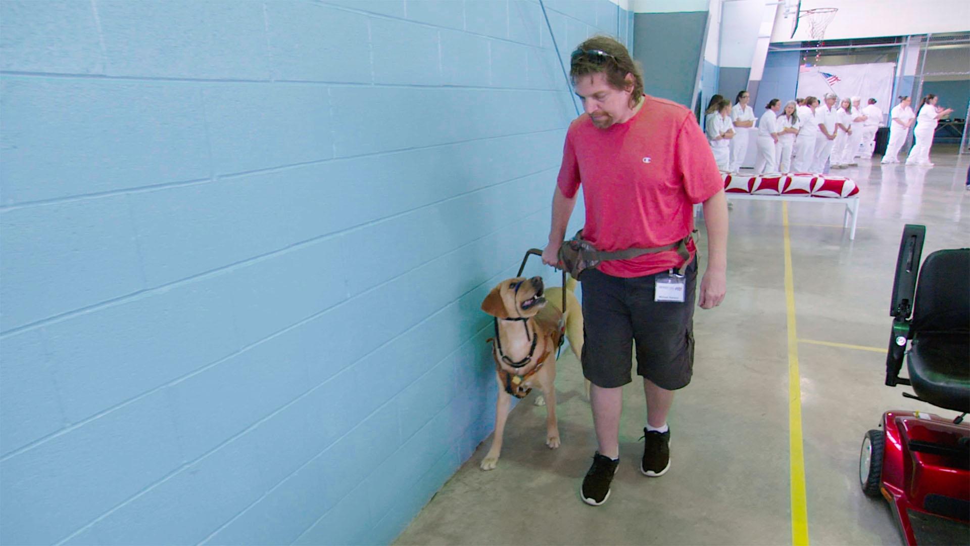 Michael Karlson, CBRN SPECIALIST (Ret.) US Navy, practices walking with service dog Sparky.