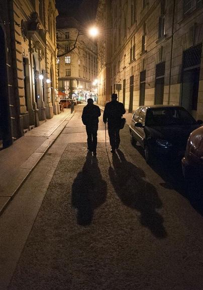 Violinist and Concertmaster Vilmos Oláh and Composer Eric Funk walking in Hungary.