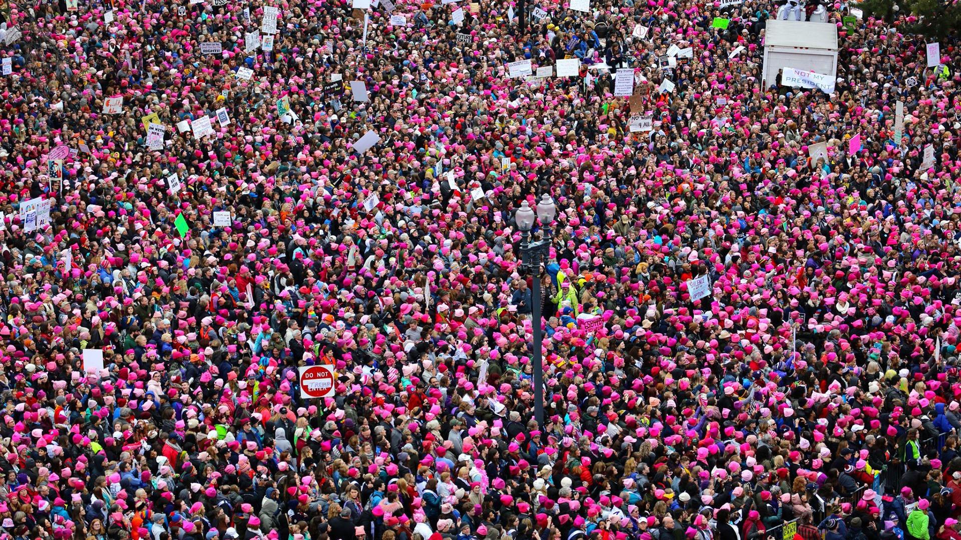 Aerial view image of attendants of the historic 2017 Women’s March.