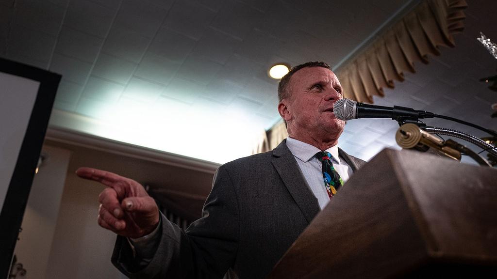 Closeup image of Tom Carroll, chairman of Lehigh Valley Tea Party, giving a speech.