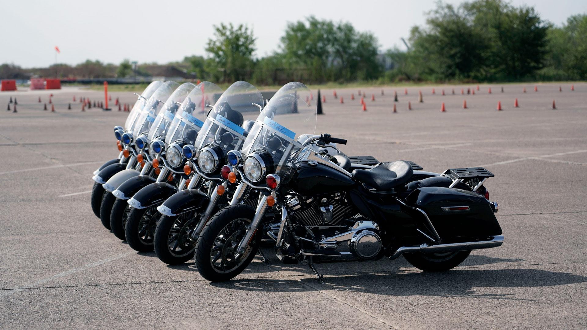 A row of police motorcycles stands ready for a TEEX training session, as featured on Season 2 of "Texas A&M Today."