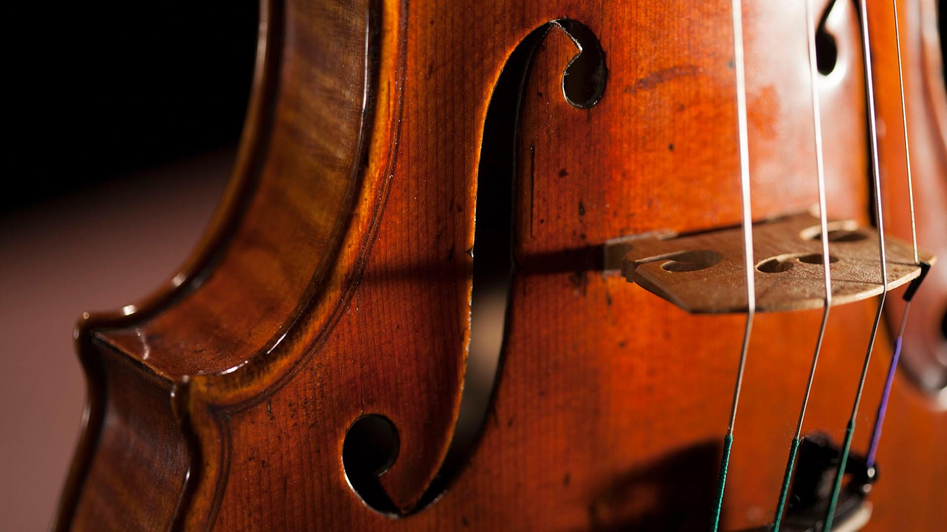 A closeup image of an 1867 Samuel Nemessanyi violin