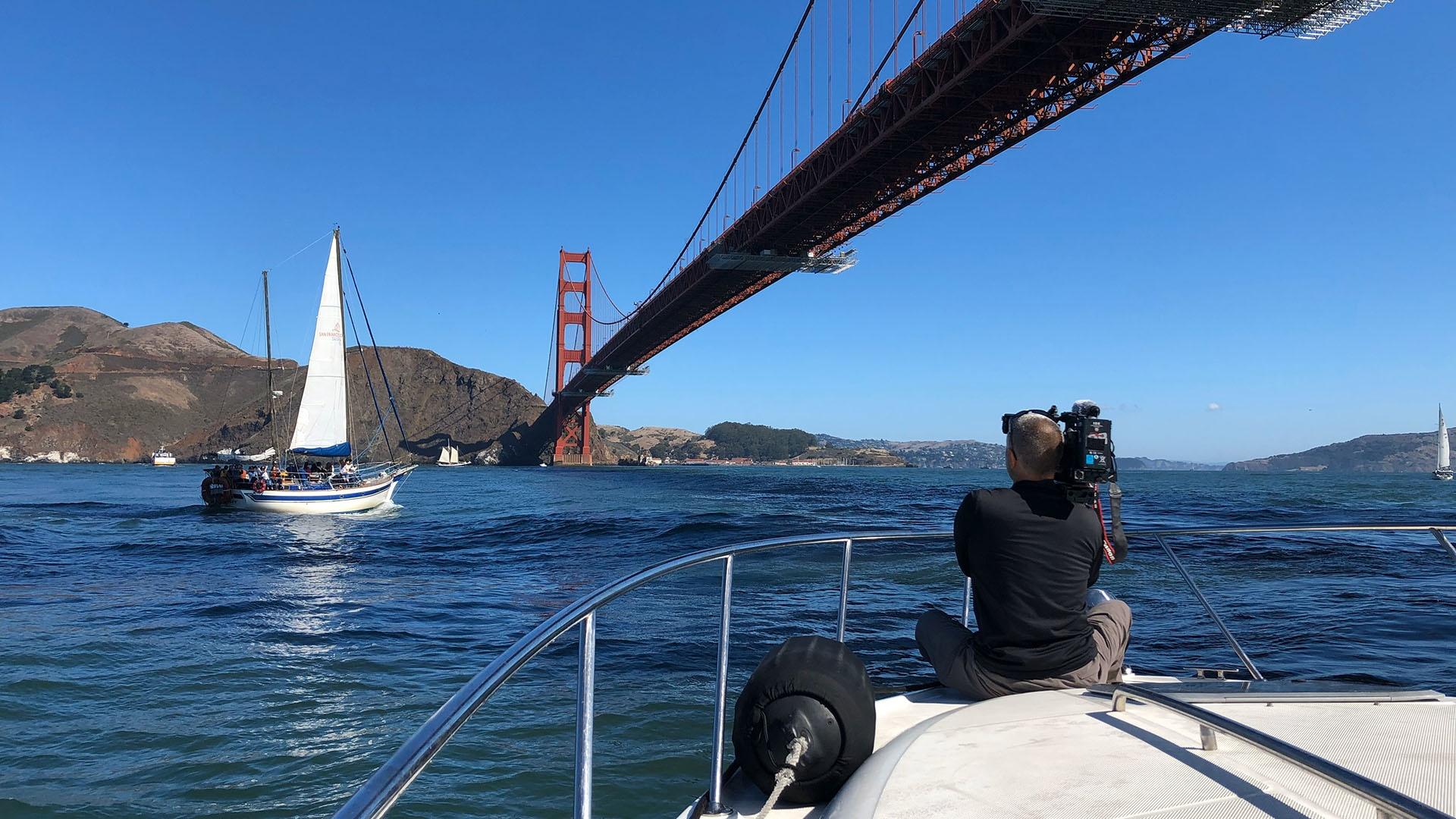 Cameraman Frank Caloiero films the approach to San Francisco.