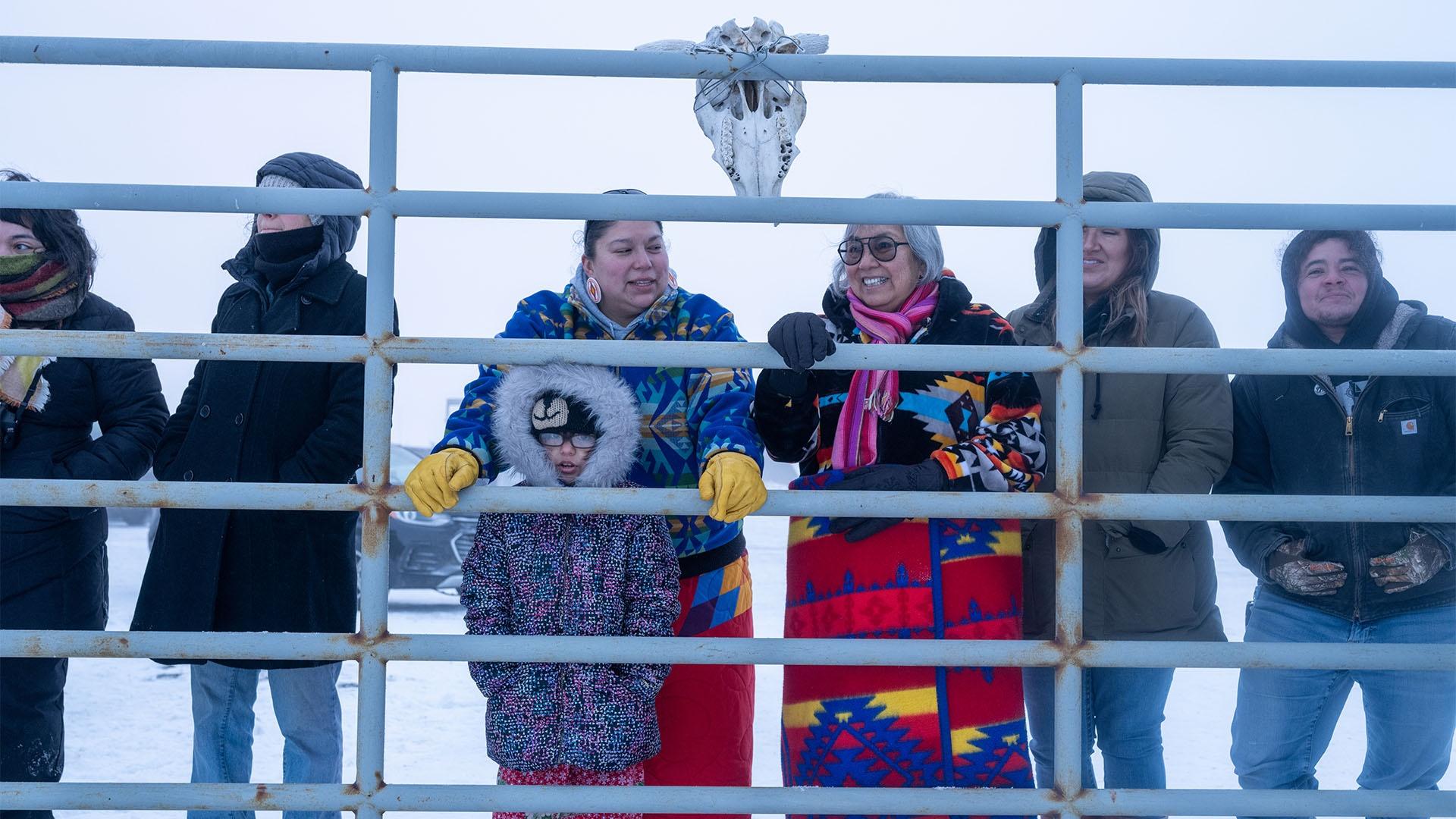 Johnny Bearcub Stiffarm and other members of the Fort Peck Tribes watch a buffalo release.