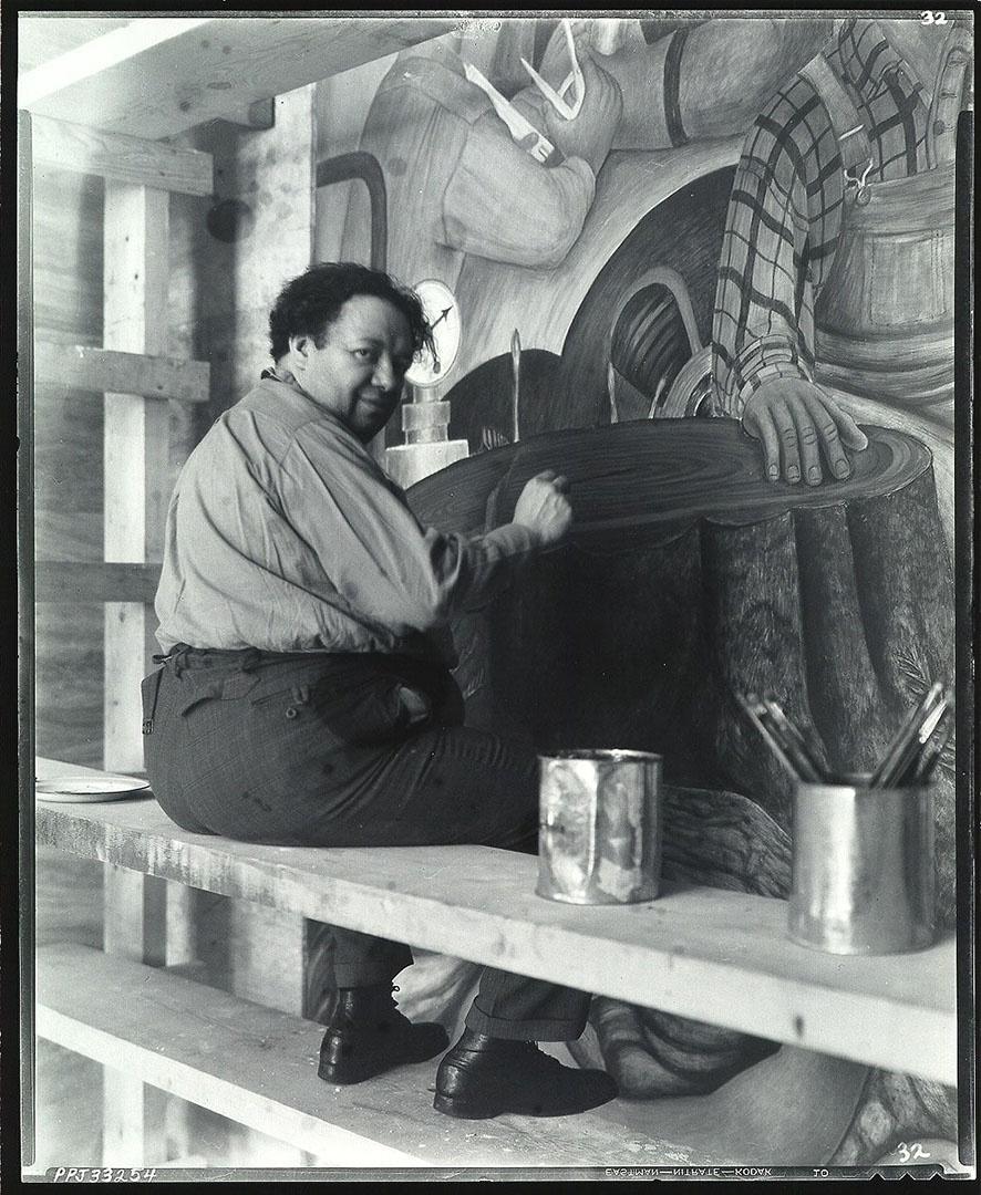Diego Rivera works on “Allegory of California,” his first American mural commission.