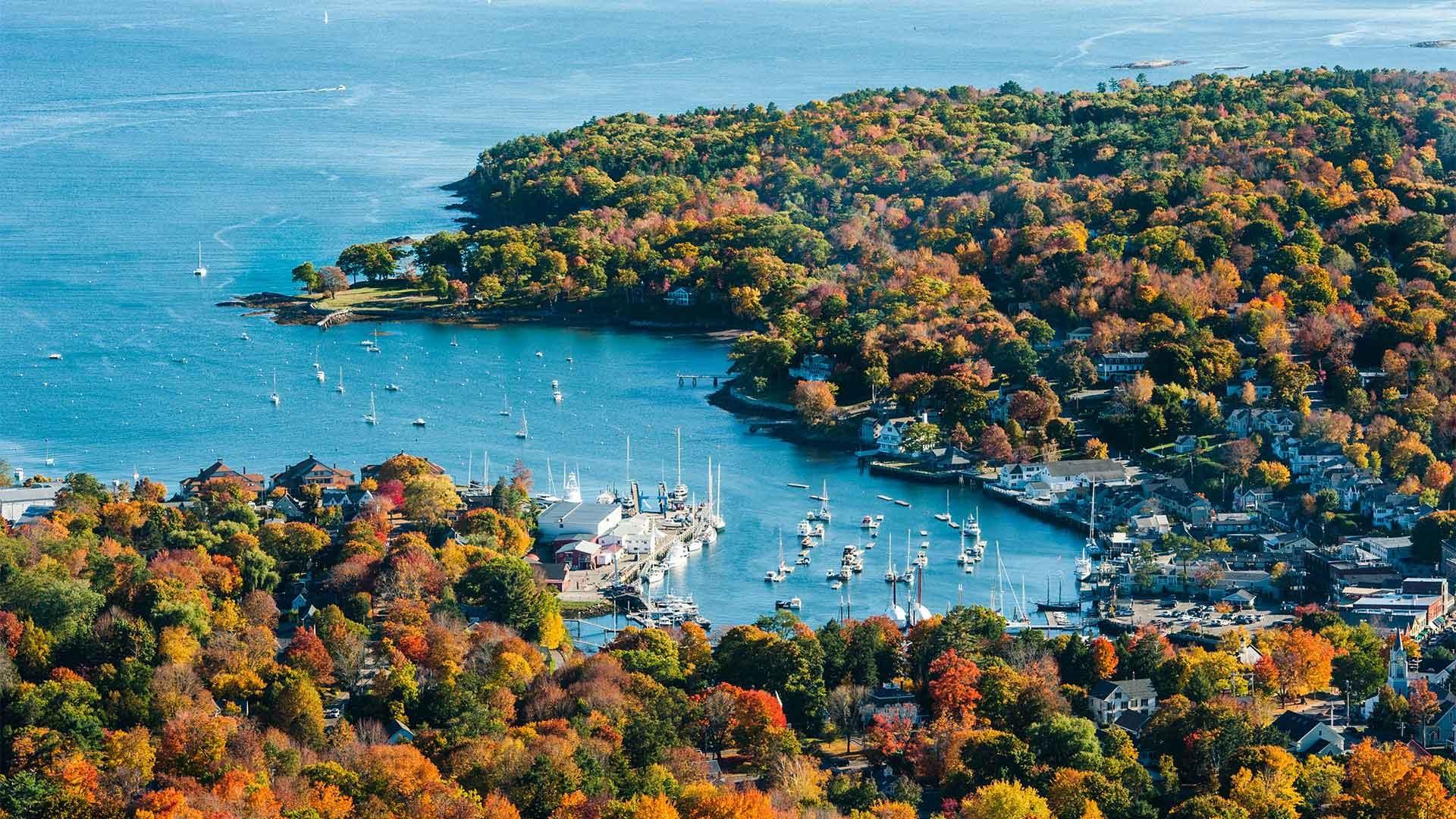 Aerial view of Camden, Maine harbor in fall from Mount Battie.