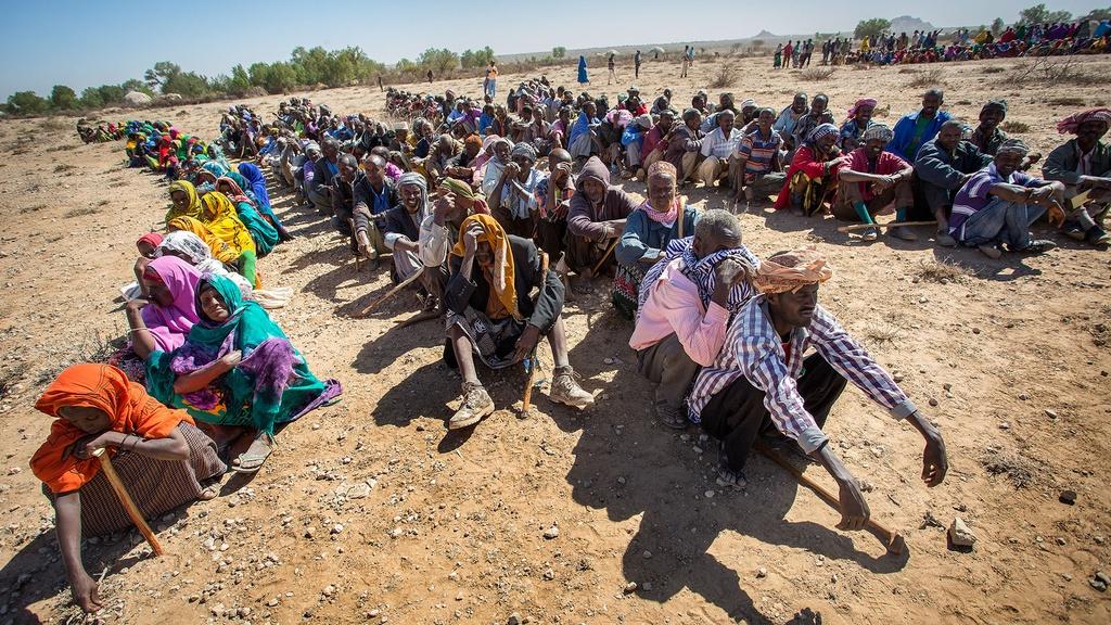 Image of families in Somalia waiting to receive supplies from the government.
