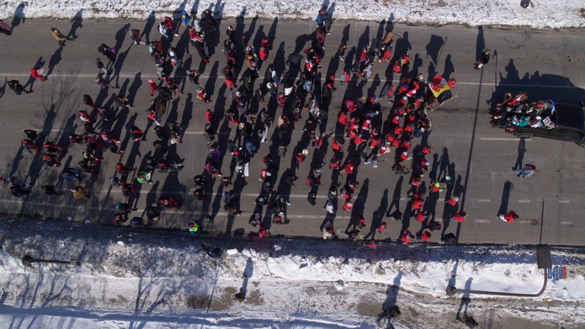 Overhead shot of 5th annual Missing and Murdered Indigenous Women March, Minneapolis, MN.
