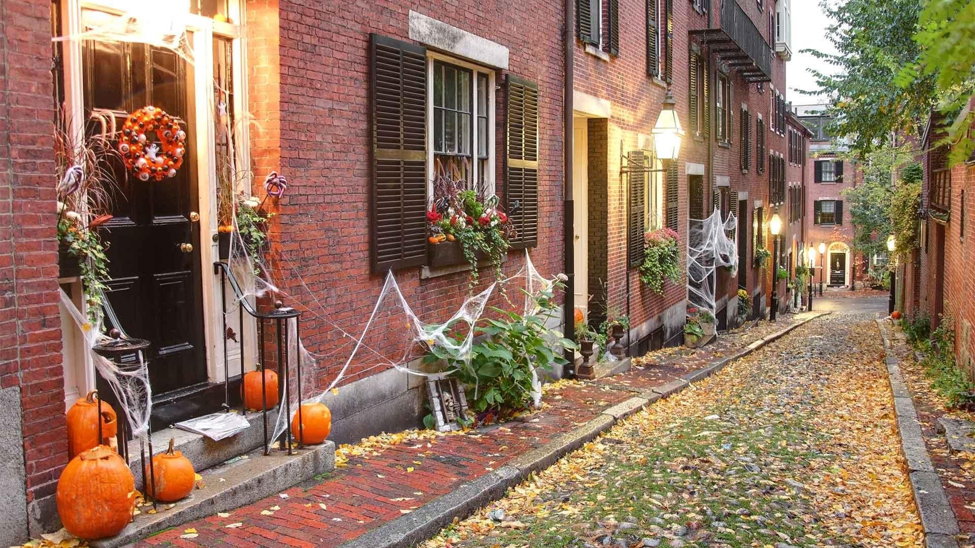Halloween decorations in the Beacon Hill neighborhood of Boston in autumn.