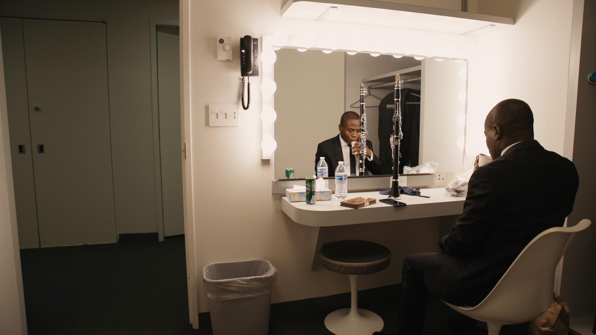 Chamber Music Society of Lincoln Center clarinetist Anthony McGill prepares backstage. 
