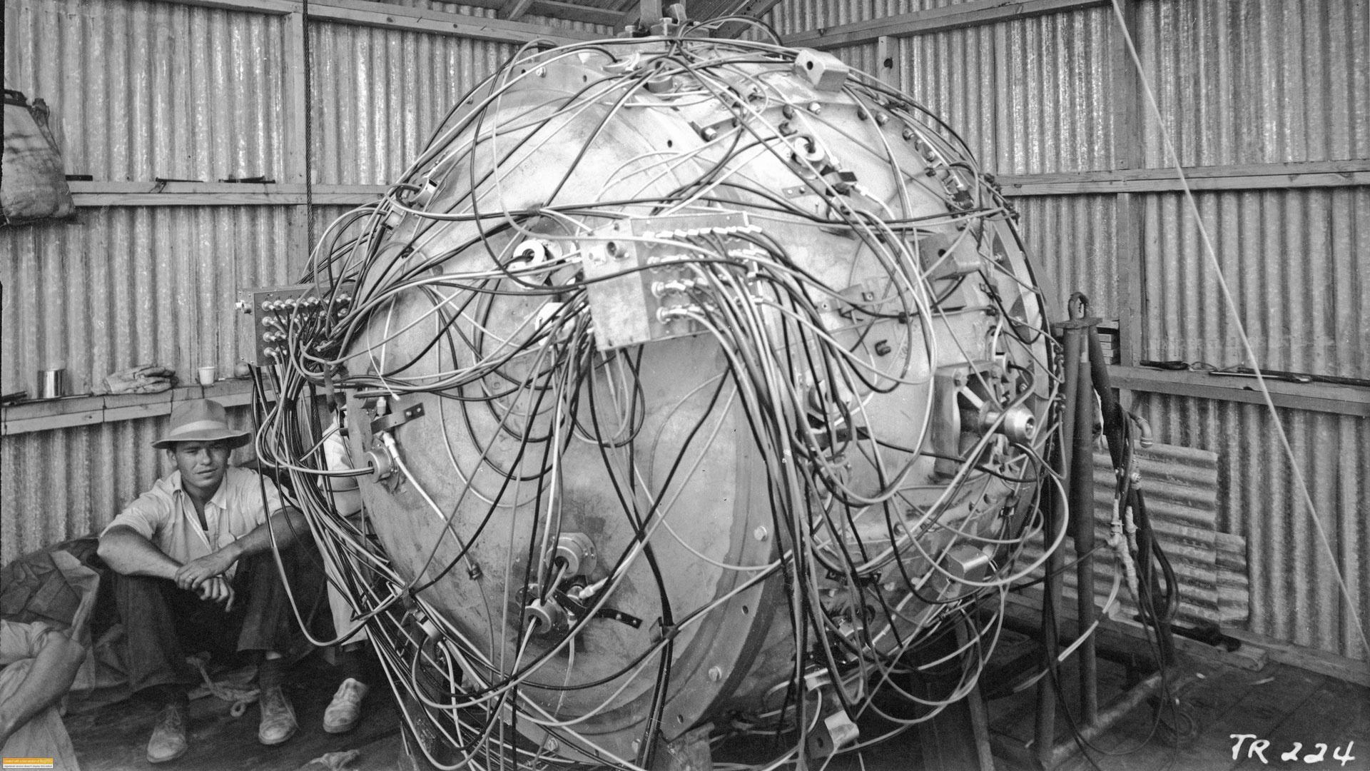 The atomic bomb, “The Gadget,” on the evening of the Trinity test in 1945.