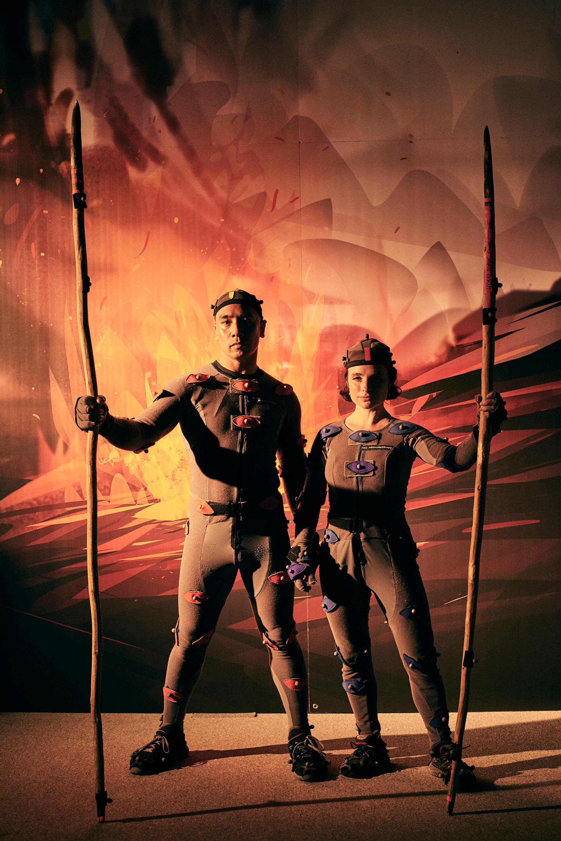 Nick Kellington (actor) and Cecily Fay (actress) wearing motion capture suit.