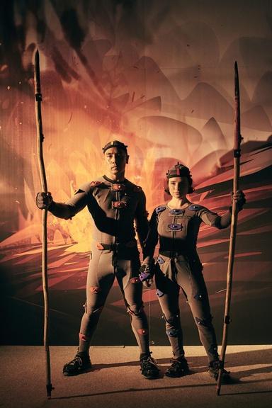 Nick Kellington (actor) and Cecily Fay (actress) wearing motion capture suit.