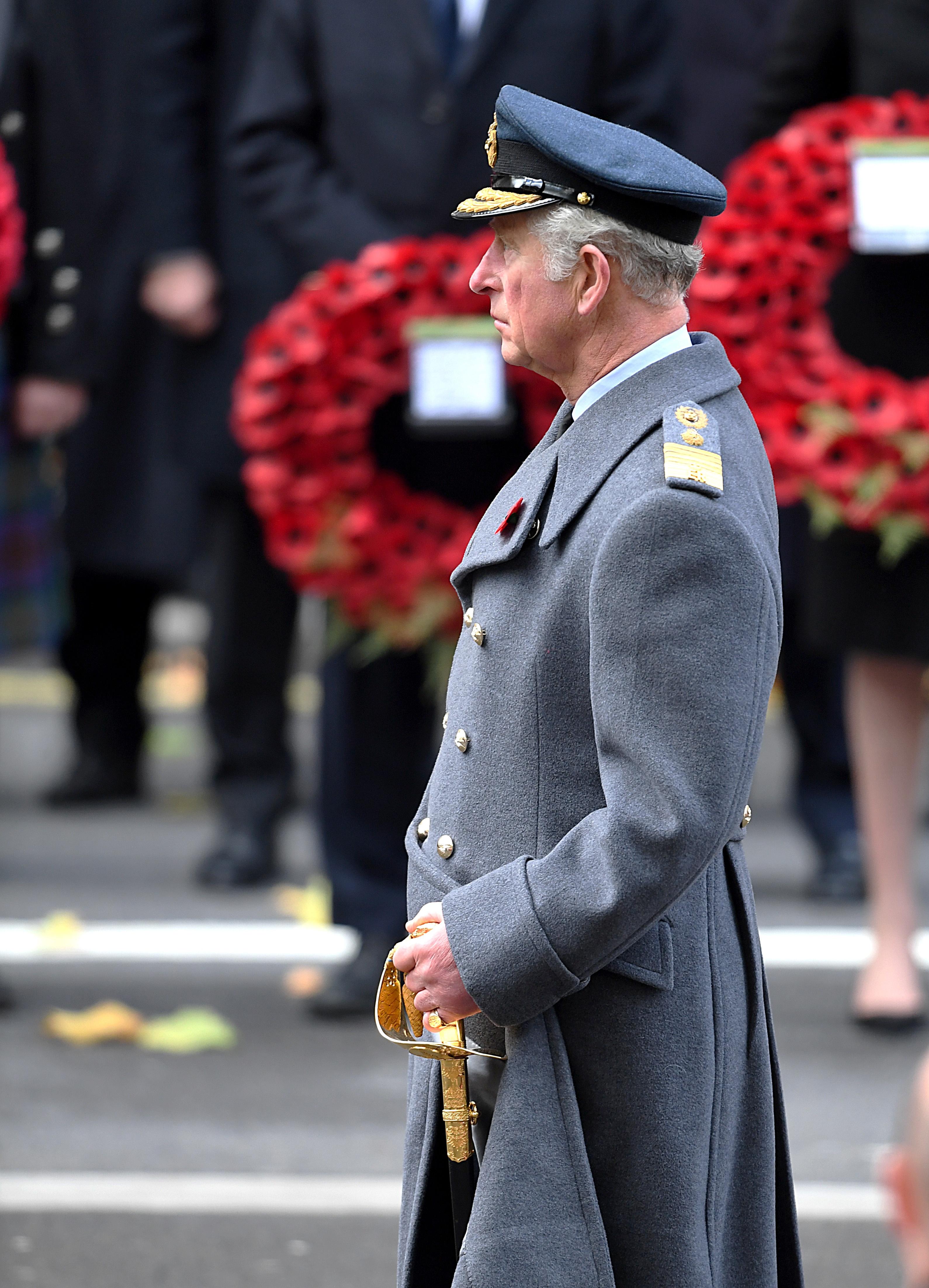 The Prince of Wales attends the annual Remembrance Sunday Service at the Cenotaph in London.