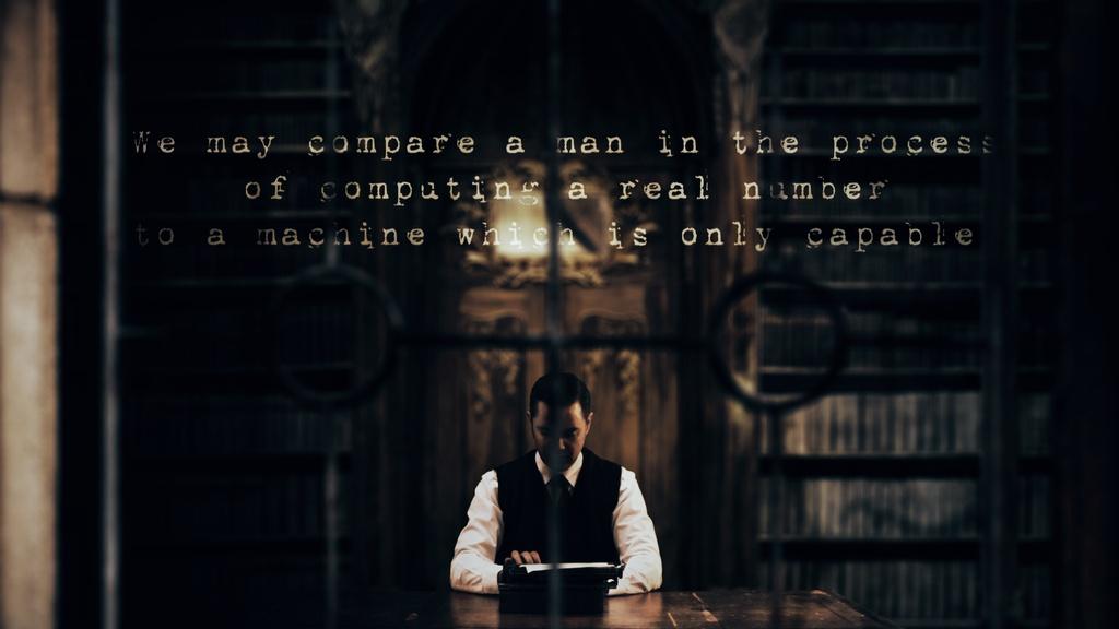 Alan Turing at desk with words above him