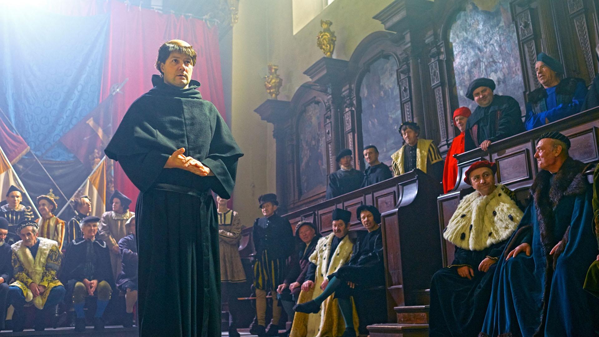 Padraic Delany as Martin Luther at the Diet of Worms in 1517.