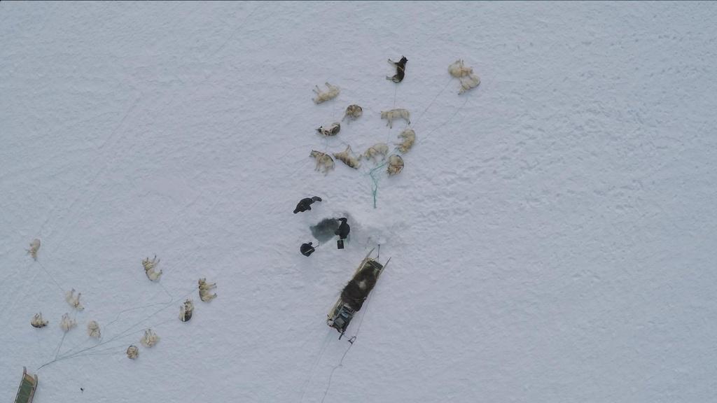 Motion: Ice fishermen of Tasiilaq, Greenland preparing a hole in the sea-ice.
