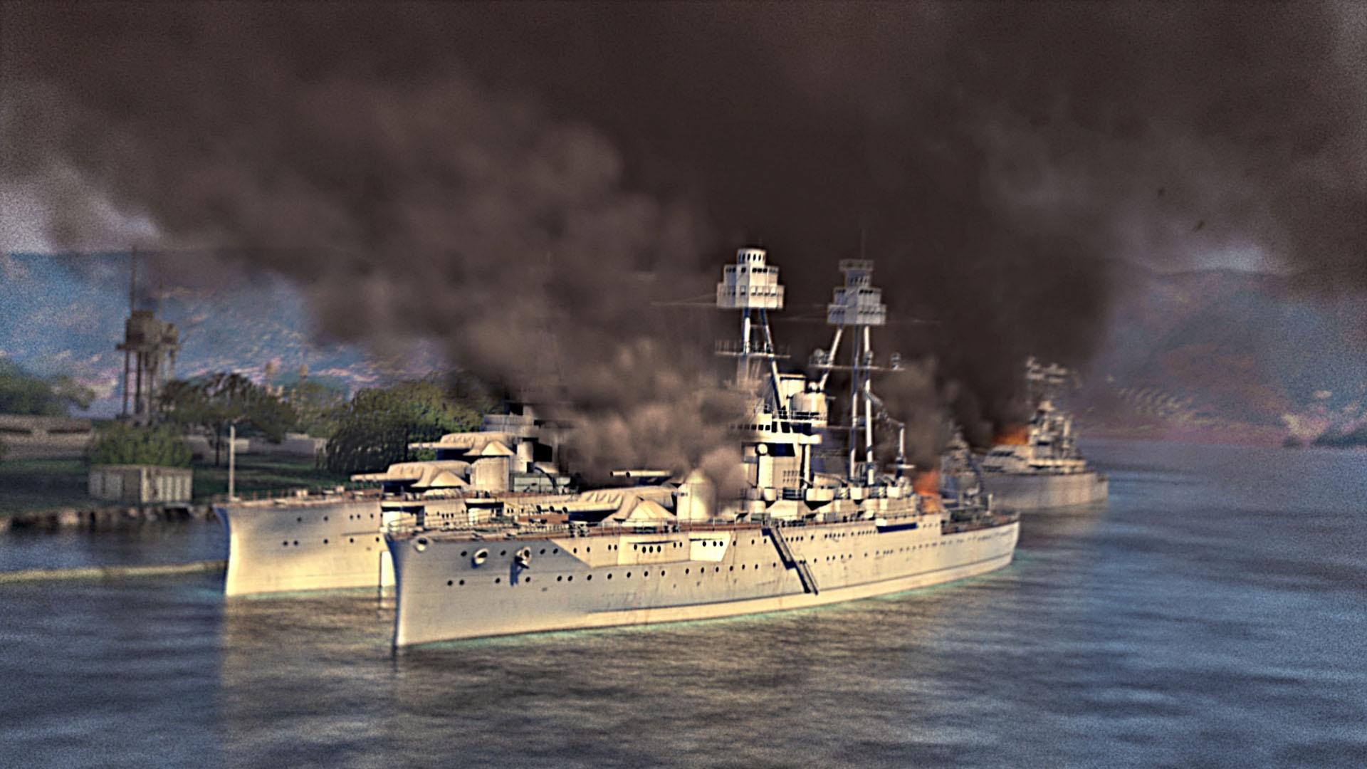 Animation showing the USS Oklahoma after being hit by torpedos, smoking, and on fire.