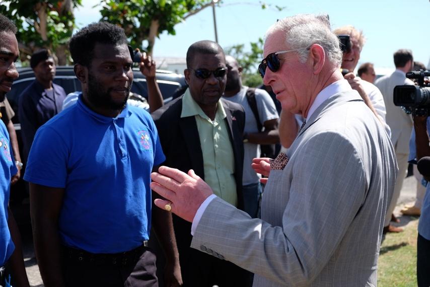 The Prince of Wales visiting Barbuda to meet communities affected by hurricanes in November 2017.