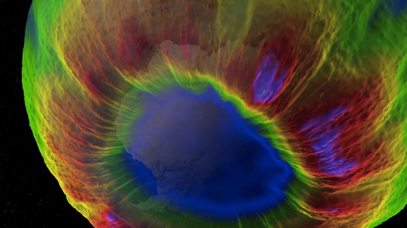Ozone layer graphic showing the hole over Antartica.