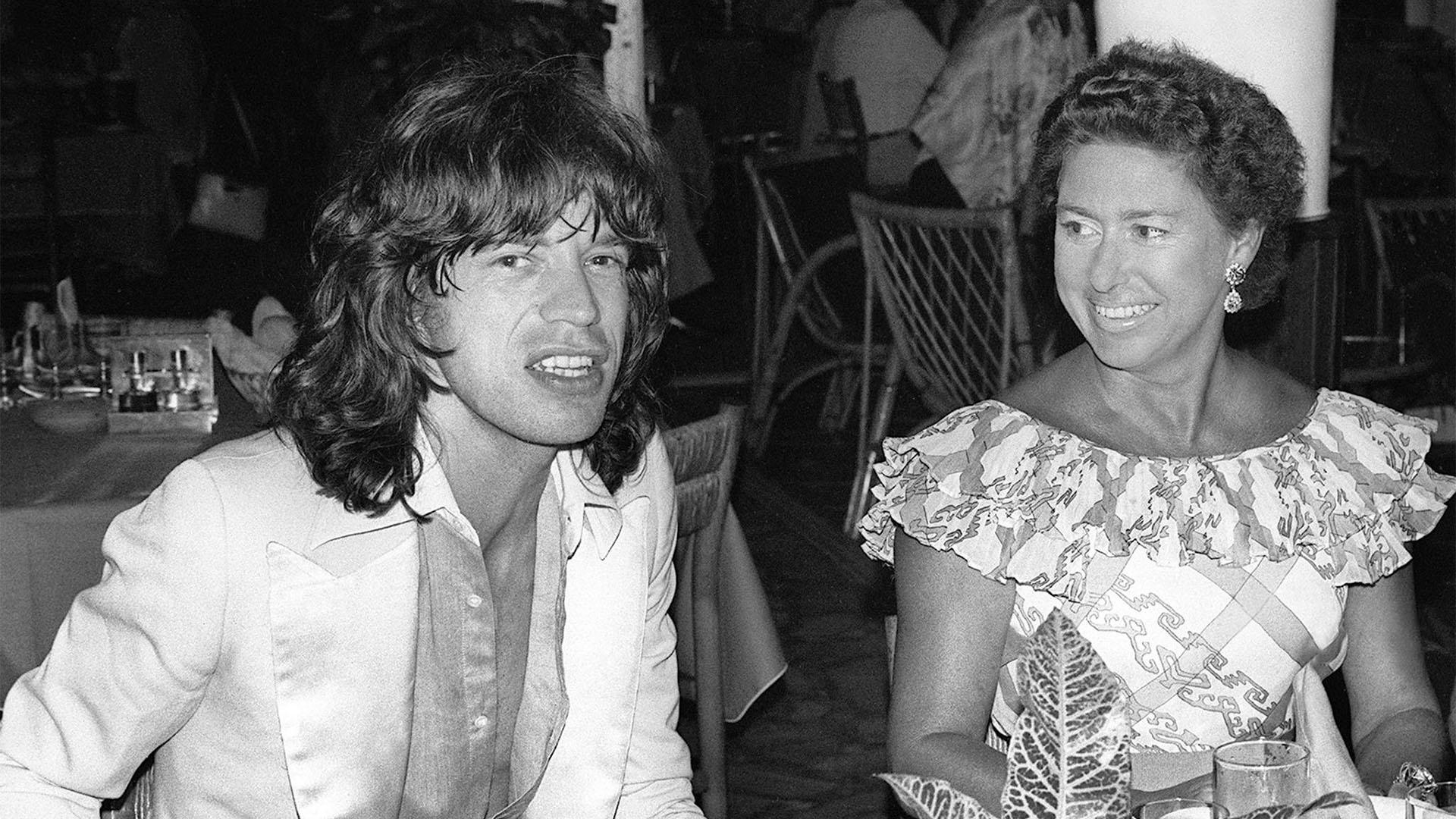 Princess Margaret and Mick Jagger in a bar on the island of Mustique.
