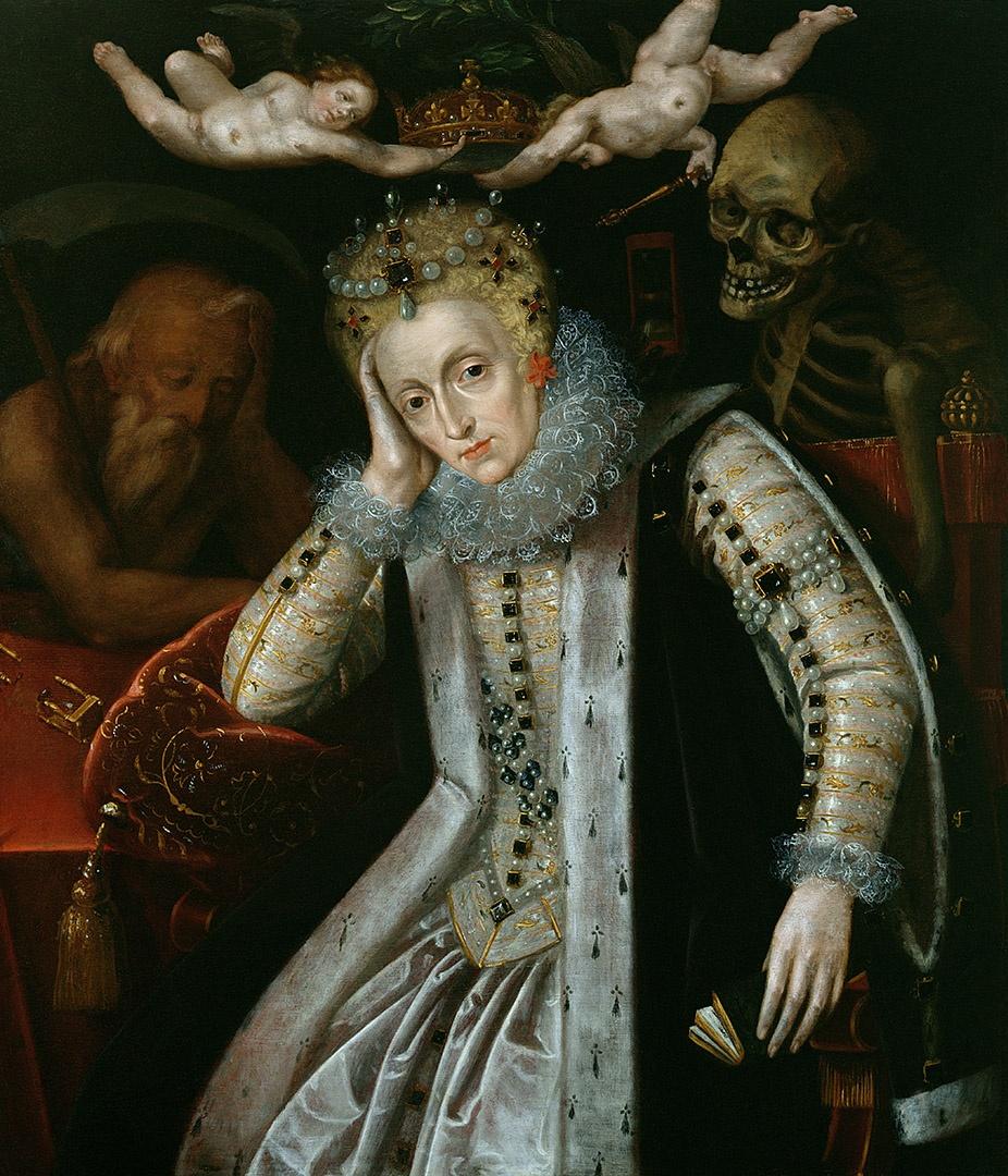 A portrait of an aged Queen Elizabeth I with religious imagery around her.