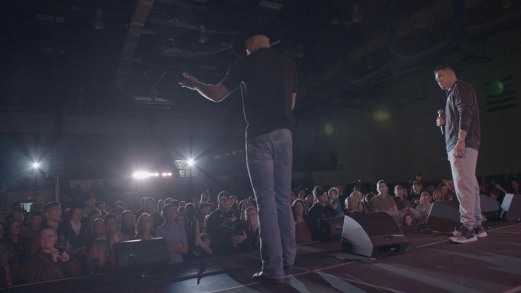 Anthony Pettis and Donald “Cowboy” Cerrone address the crowd at Joint Base Elmendorf, Alaska.