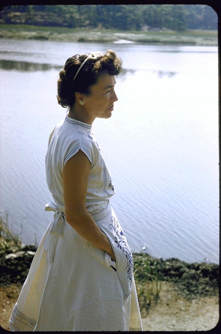 Portrait of author and aviator Anne Morrow Lindbergh (Mrs. Charles A. Lindbergh) at her home (1955).