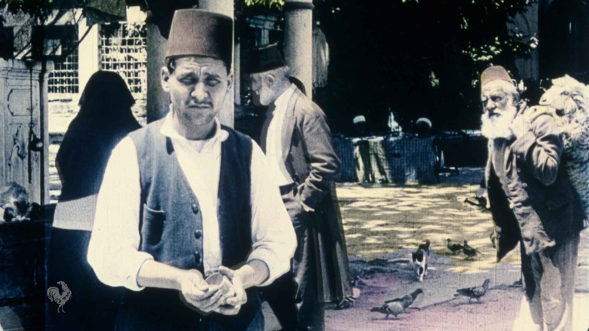 Footage still of street scene, Constantinople, early 1900s.