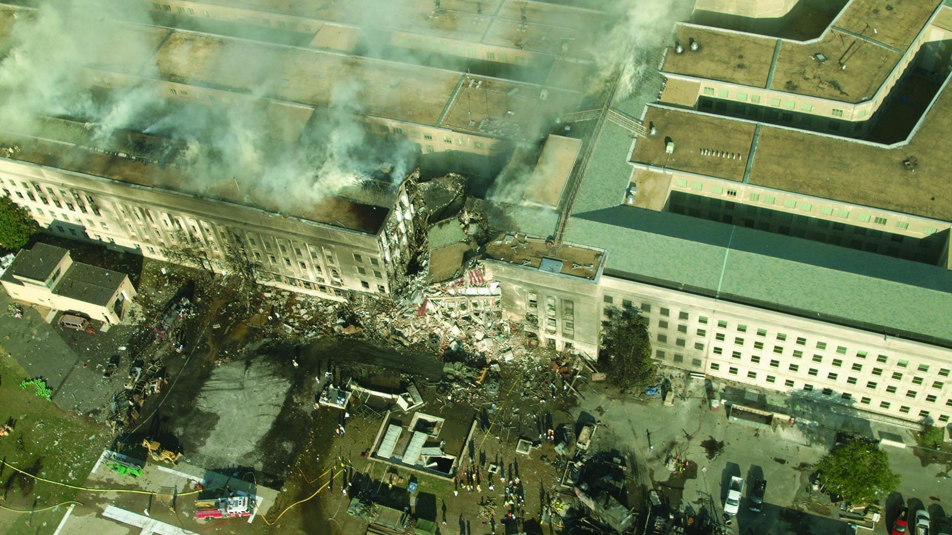 The Pentagon, post-9/11 attack. Aerial view of collapsed "E" ring.