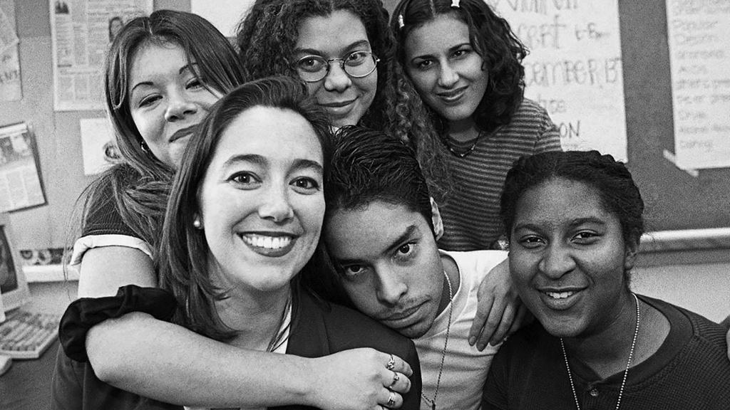 Still image of Erin Gruwell with some of her students.