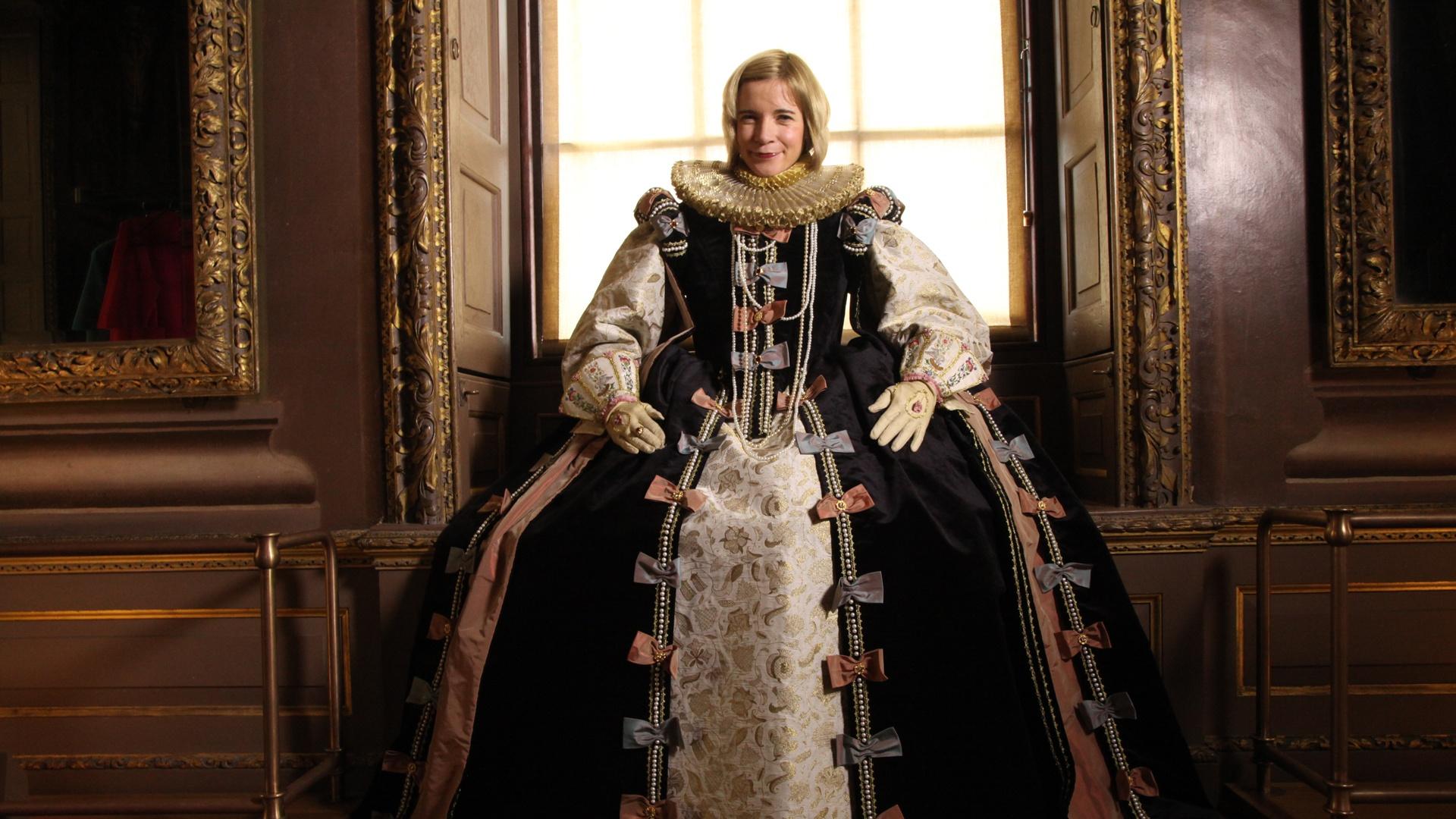 Lucy wearing a replica Elizabeth I Armada dress.
