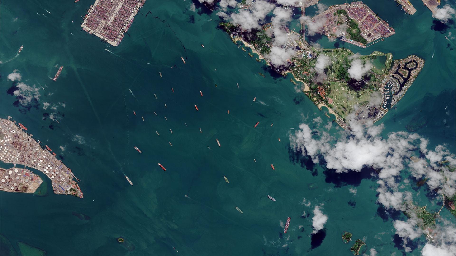 Aerial image of Singapore Harbor from space.