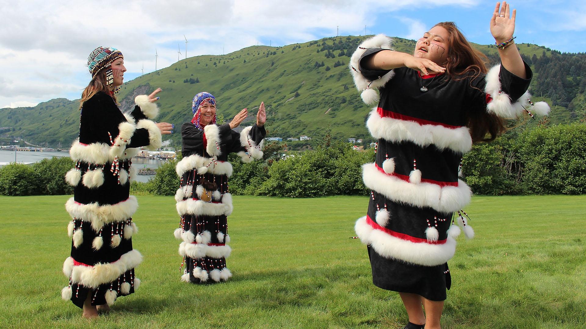 Closeup image of Kodiak Alutiiq dancers.
