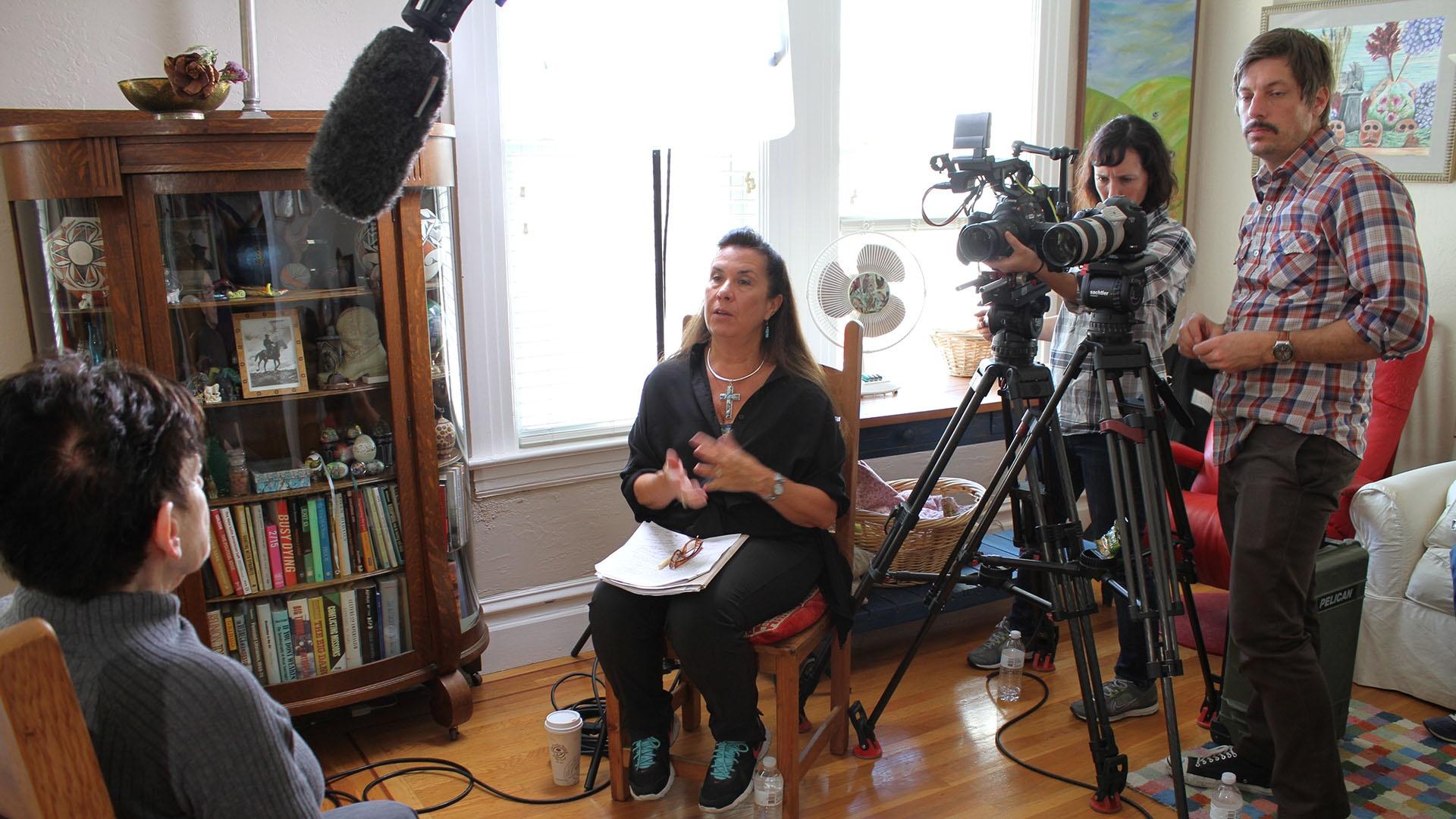 On location in San Francisco, the "Mankiller" documentary crew interviews Roxanne Dunbar Ortiz.