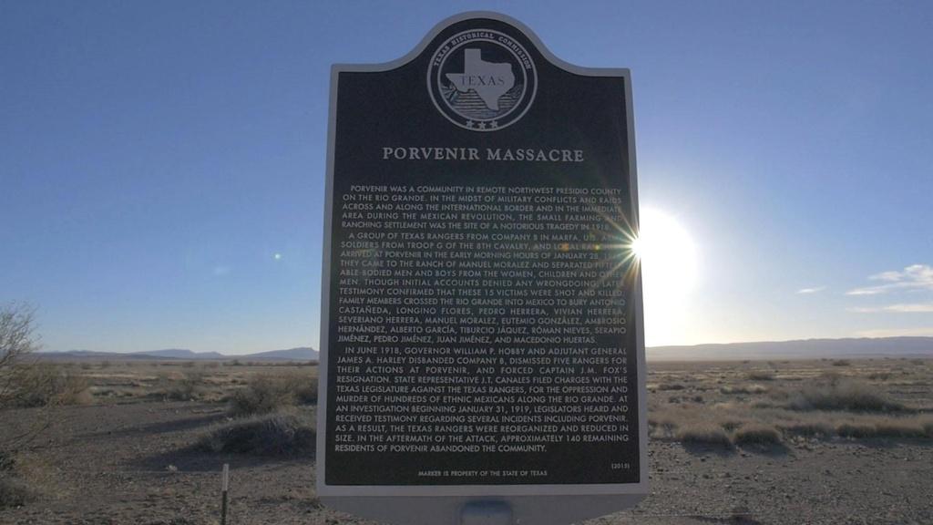 Photo of a historical marker commemorating the 1918 massacre at Porvenir, Texas